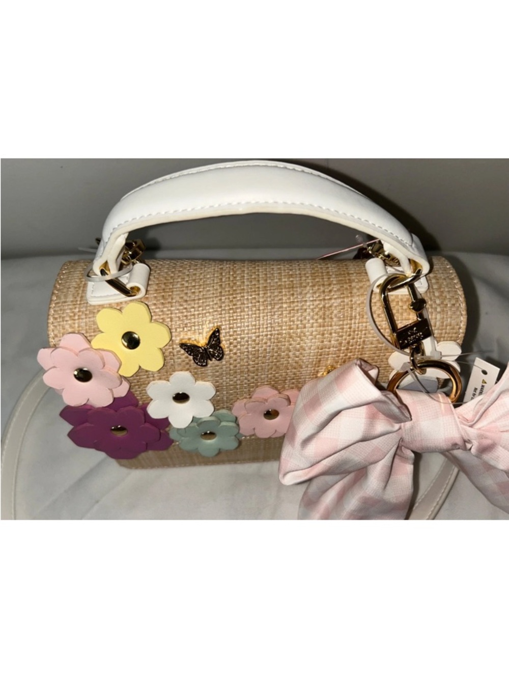 NEW! NWT BETSEY JOHNSON XOMYLO2 Wicker Floral Butterfly Satchel Bag Beige Multi - Picture 8 of 11